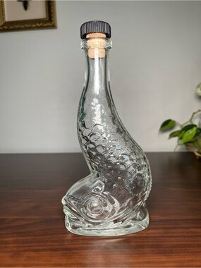 "FISH" bottle in clear glass, 1970s, old vintage French glass fish bottle